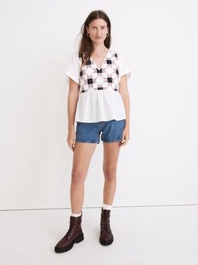 Madewell Flutter-Sleeve Peplum Top in Patchwork Quilt M